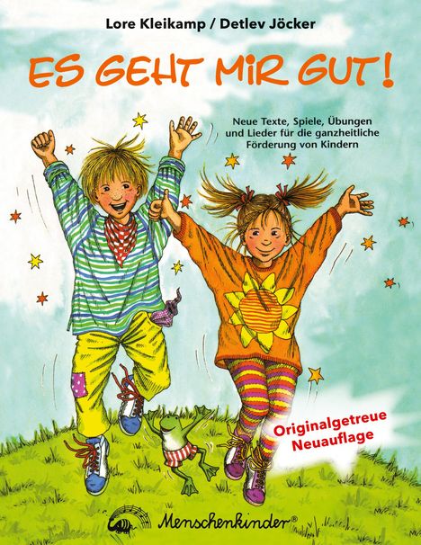 „ES GEHT MIR GUT! Originalgetreue Neuauflage.“ Zwei fröhliche Kinder, Junge in gestreifter Kleidung, Mädchen mit Sonnenblume.