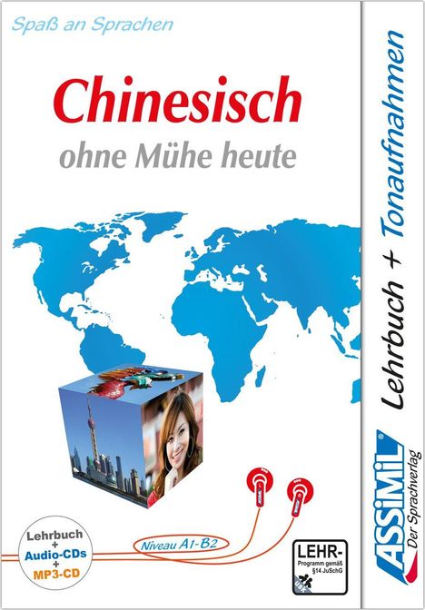 „Chinesisch ohne Mühe heute“ steht in roter und grauer Schrift. Ein blauer Weltkartenausschnitt und Würfel mit Fotos.