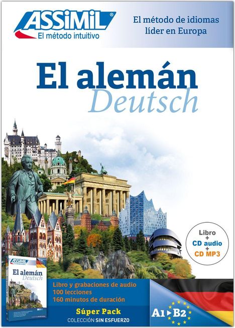 "El alemán Deutsch" groß im Zentrum. Darunter weltbekannte deutsche Gebäude und Denkmäler in einer Collage.