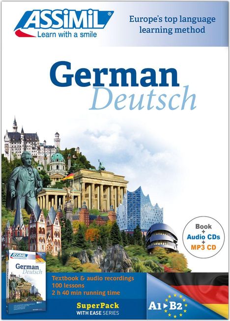 „German Deutsch“, Europas führende Sprachlernmethode. Sightseeing-Kollage mit Sehenswürdigkeiten und Architektur.