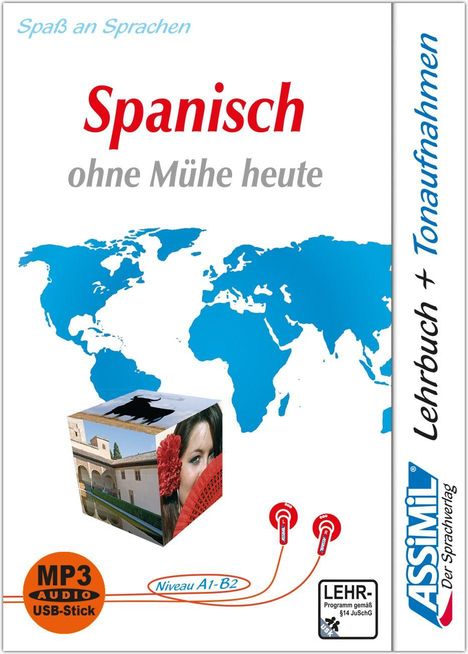 "Spanisch ohne Mühe heute" steht groß. Weltkarte im Hintergrund, ein Würfel mit spanischen Motiven, MP3 Audio USB-Stick.