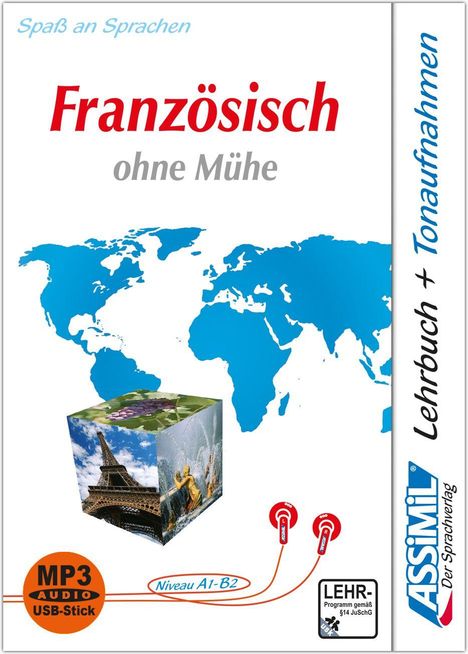 "Französisch ohne Mühe" und "Spaß an Sprachen" stehen vor einer Weltkarte mit Würfel, Kopfhörern und einem orangefarbenen Kreis.