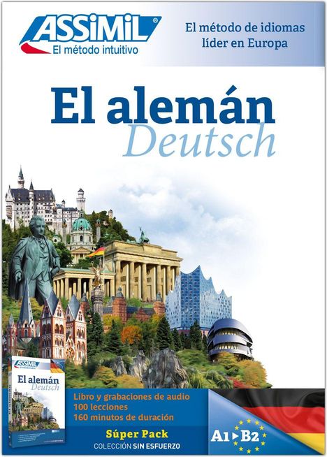 Text: "El alemán Deutsch", "Libro y grabaciones de audio", "100 lecciones", "160 minutos de duración". Collage: deutsche Wahrzeichen.