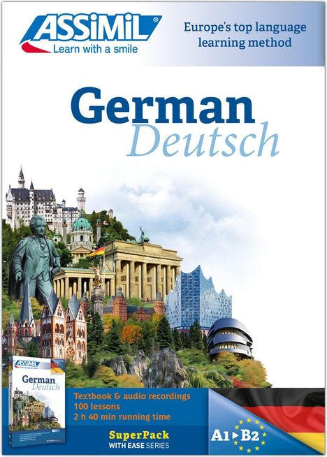 Logo „ASSIMIL Learn with a smile“, Text „German Deutsch“, europäische Wahrzeichen wie das Brandenburger Tor.