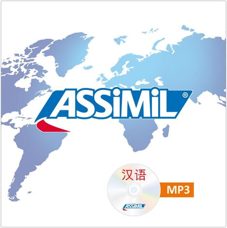Die Texte "ASSIMIL", "汉语", und "MP3" erscheinen vor einer blauen Weltkarte. Ein CD-Design ist sichtbar.