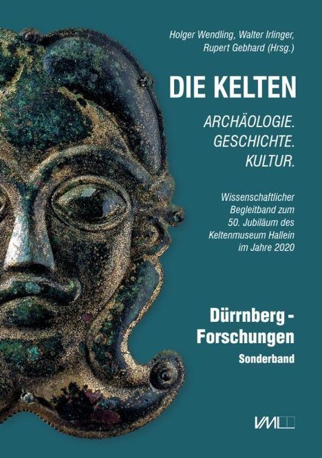 Die Kelten: Archäologie. Geschichte. Kultur. Abbildung eines keltischen Artefakts mit menschlichem Gesicht auf blauem Hintergrund.