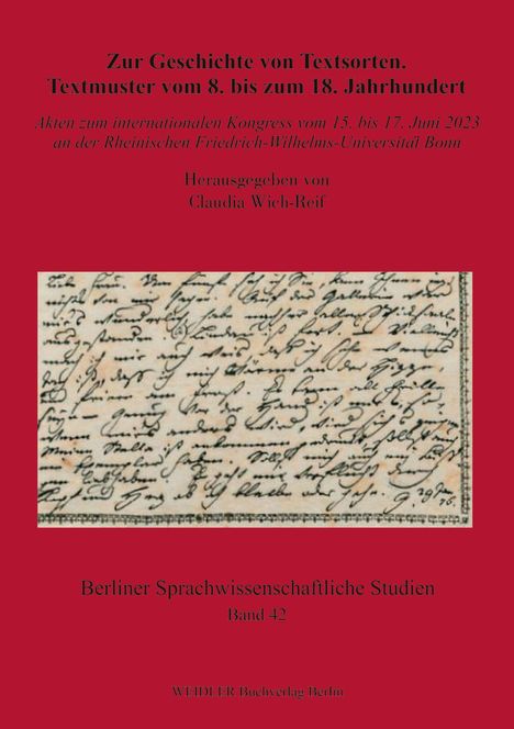 Zur Geschichte von Textsorten. Handschriftliche Notiz. Roter Hintergrund, oben und unten Text in Schwarz.