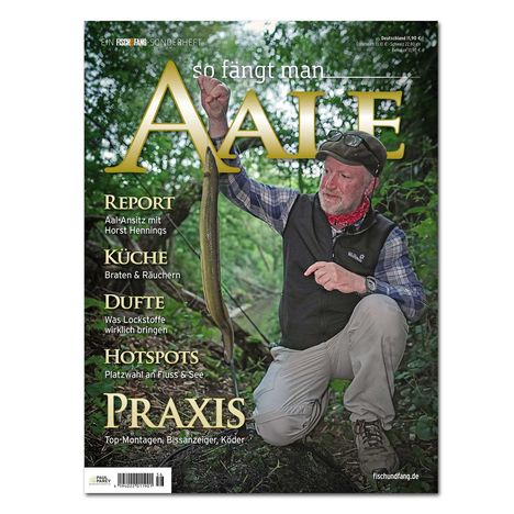 Texte: „so fängt man Aale“, „REPORT: Aal-Ansitz mit Horst Hennings“, „KÜCHE: Braten & Räuchern“. Ein Mann hält einen Aal.