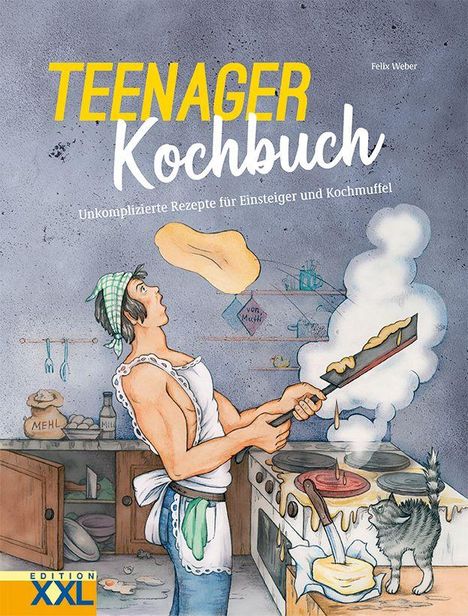"TEENAGER Kochbuch. Unkomplizierte Rezepte für Einsteiger und Kochmuffel. Illustration: Koch jongliert in chaotischer Küche."