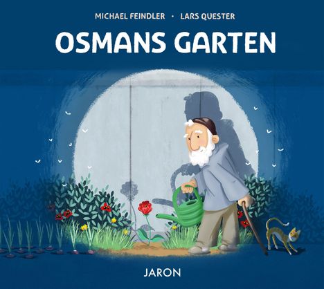 „OSMANS GARTEN“ steht oben. Ein älterer Mann mit Gießkanne und Stock geht an Blumenbeeten vorbei, eine Katze folgt ihm.