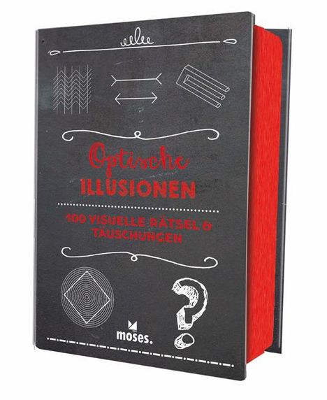 Das schwarze Buch zeigt: "Optische Illusionen. 100 visuelle Rätsel & Täuschungen" in Rot. Enthält diverse Illusionsgrafiken.