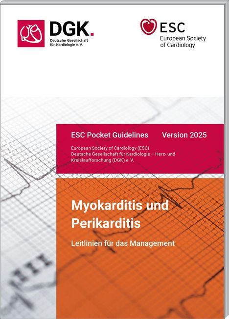 ESC Pocket Guidelines 2025. Myokarditis und Perikarditis. Leitlinien. Oben Logo von DGK und ESC, rote und orange Bereiche.