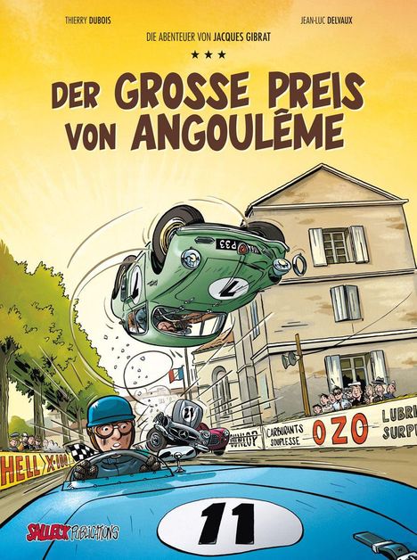 "Der große Preis von Angoulême" steht oben. Ein grünes Rennauto überschlägt sich in einer Stadtszene. Zuschauer schauen zu.