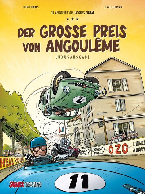 „Der Große Preis von Angoulême.“ Illustration: Autos im Rennen, ein Wagen fliegt in der Luft. Zuschauer am Streckenrand.