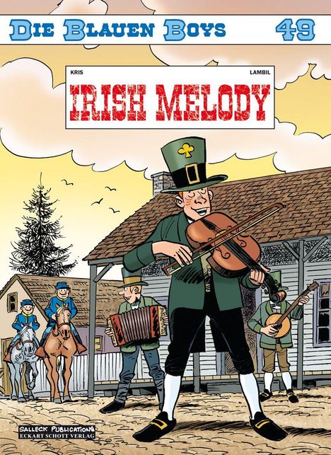 "Die Blauen Boys 49: Irish Melody" zeigt einen Geiger in grüner Kleidung, vor einer Gruppe von Musikern und Reitern.