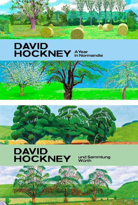 "DAVID HOCKNEY A Year in Normandie; und Sammlung Würth." Bunte Illustrationen von Landschaften mit Bäumen und Feldern.