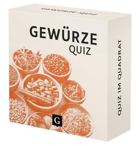 "GEWÜRZE QUIZ" und "QUIZ IM QUADRAT" auf einer Box mit Gewürzabbildungen in Schalen.