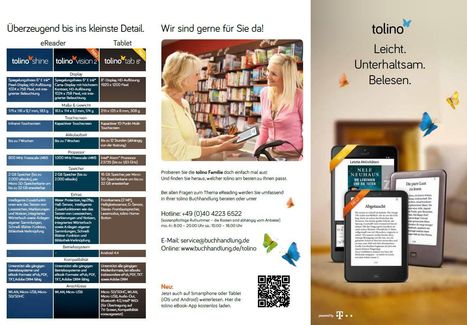 Links: Produktvergleich für tolino eReader & Tablet. Rechts: tolino-Slogan "Leicht. Unterhaltsam. Belesen." mit Bildern der Geräte.