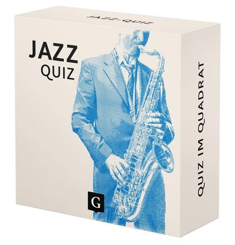 „JAZZ QUIZ“ und „QUIZ IM QUADRAT“ stehen auf einer Schachtel mit einem blauen Saxophonspieler abgebildet.