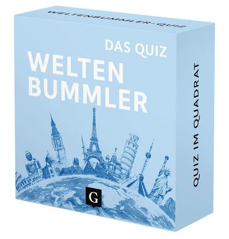 Quiz-Schachtel mit: "Das Quiz", "Weltenbummler", "Quiz im Quadrat". Blauer Hintergrund, Sehenswürdigkeiten-Silhouette.