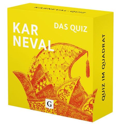 „KARNEVAL“, „DAS QUIZ“, „QUIZ IM QUADRAT“ auf gelber Box. Illustration eines narrenhaften Huts in Rot.