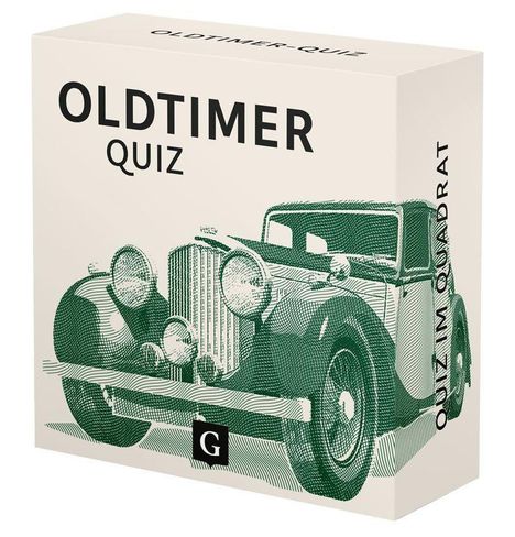 OLDTIMER QUIZ in schwarzer Schrift auf einer Schachtel. Illustration eines klassischen Autos in grünem Druckstil.