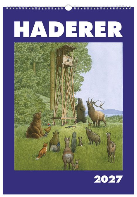 "HADERER 2027" steht oben und unten. Tiere bei einem Hochsitz, wo Tiere durch ein Fernglas gucken.