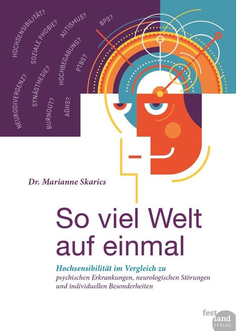 "So viel Welt auf einmal" von Dr. Marianne Skarics. Illustration eines abstrakten Gesichts mit Kreisen und Linien.