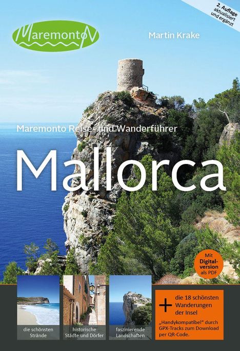 „Mallorca“ in großen Buchstaben, darüber „Maremonto Reise- und Wanderführer“. Foto eines Küstenfelsens mit Turm.