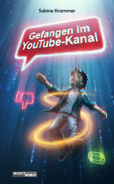 Sabine Krammer: Gefangen im YouTube-Kanal. Junge in digitaler Szene, von Lichtringen und Symbolen umgeben.