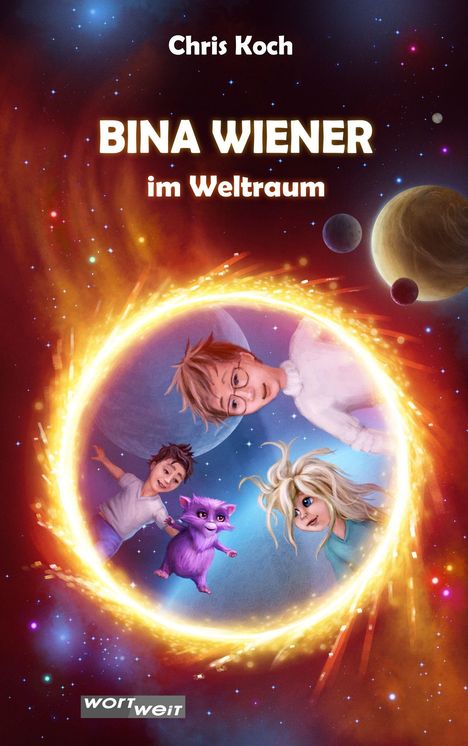 "BINA WIENER im Weltraum" von Chris Koch, Illustration mit Kindern und lila Tier im Weltraum, umgeben von Planeten und Sternen.
