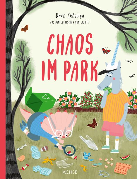 "Chaos im Park" steht groß im Vordergrund. Ein Einhorn isst, während ein anderes Wesen Müll aufsammelt. Bäume und Schmetterlinge sind zu sehen.