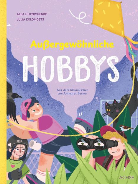 „Außergewöhnliche Hobbys“. Bunte Illustration mit aktiven Personen und Tieren in einer lebendigen Szene.