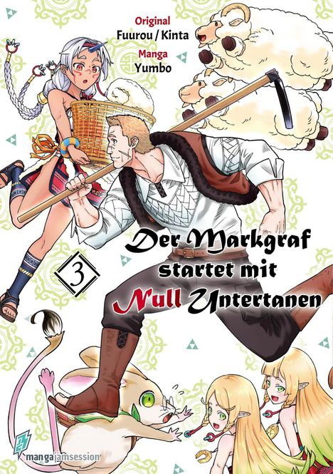 Original Fuurou/Kinta, Manga Yumbo, Der Markgraf startet mit Null Untertanen, 3. Zwei Figuren und Schafe in einer farbenfrohen Zeichnung.