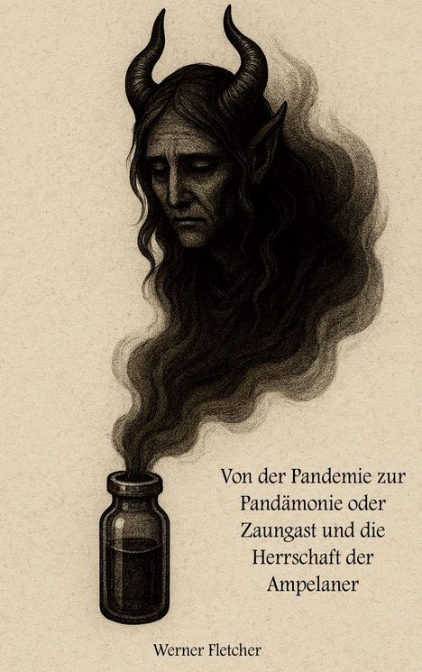 Text: "Von der Pandemie zur Pandämonie oder Zaungast und die Herrschaft der Ampelaner. Werner Fletcher." Illustration: Aus einer Flasche steigt Rauch, der zu einem dämonischen Gesicht mit Hörnern wird.