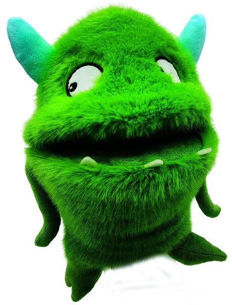 Grünes, flauschiges Monster mit zwei blauen Hörnern und großen Augen. Es hat einen aufgerissenen Mund mit kleinen Zähnen.