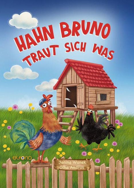 Der Text lautet: "HAHN BRUNO TRAUT SICH WAS". Ein bunter Hahn und eine schwarze Henne vor einem Hühnerhaus auf einer Wiese.