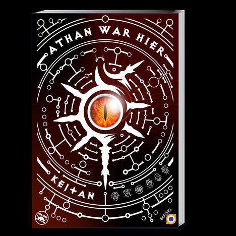 „ATHAN WAR HIER“ und „KEi+AN“ in weißer Schrift. Ein rotes Auge mit vertikaler Pupille inmitten von kreisförmigen Symbolen.