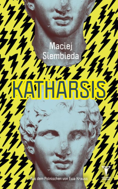Text: "Maciej Siembieda", "KATHARSIS", "Aus dem Polnischen von Ewa Krauss". Hintergrund mit Blitzmustern. Zwei antike Büsten.