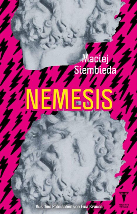 Der Text zeigt "Maciej Siembieda", "NEMESIS". Illustration: Grauer Kopf auf pinkem Hintergrund mit schwarzen Blitzen.