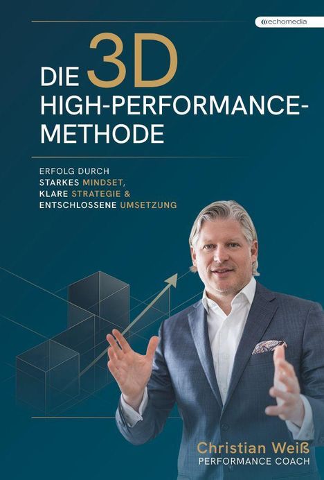 "Die 3D High-Performance-Methode. Erfolg durch starkes Mindset, klare Strategie & entschlossene Umsetzung." Illustration: Person im Anzug.