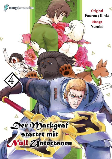 "Der Markgraf startet mit Null Untertanen." Illustration eines Ritters in Rüstung neben Tieren und Blumen.