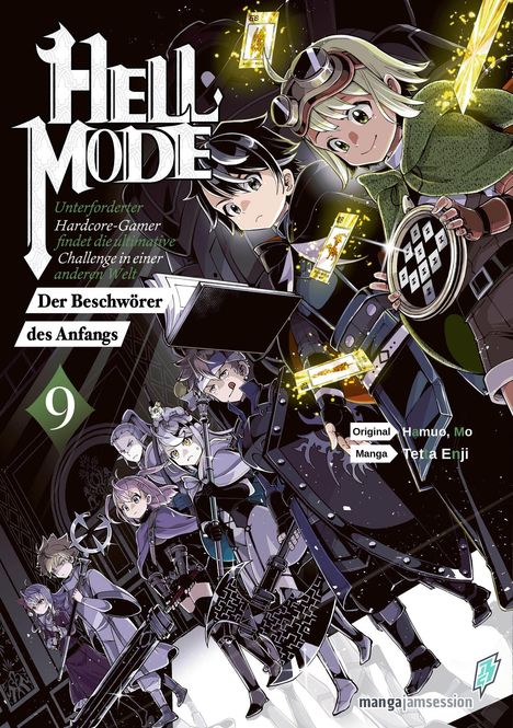 "HELL MODE: Unterforderter Hardcore-Gamer findet die ultimative Challenge in einer anderen Welt. Der Beschwörer des Anfangs".  
Gruppenbild von Figuren mit Zauberwaffen.