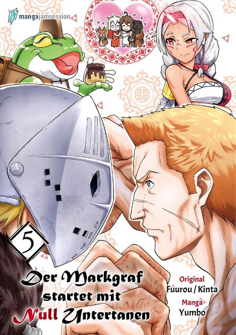 „Der Markgraf startet mit Null Untertanen“ steht über einer bunten Manga-Szene mit einem Ritterhelm, Menschen und einem Frosch.