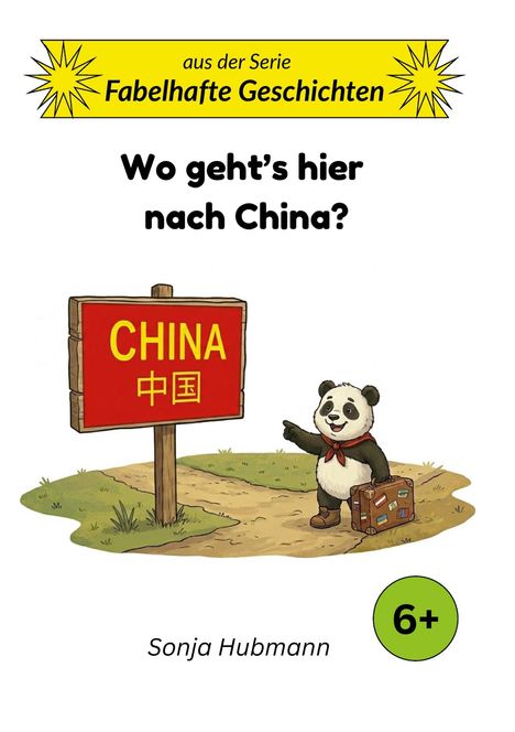 Ein Panda mit Koffer zeigt auf ein Holzschild mit "CHINA" in gelber Schrift, darunter chinesische Zeichen.