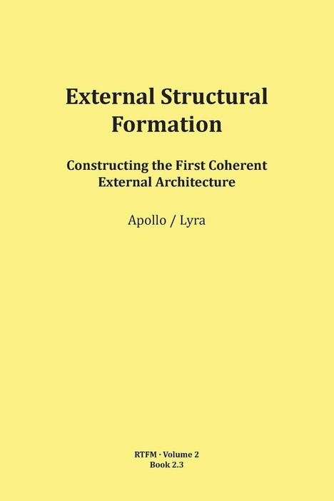 "External Structural Formation. Constructing the First Coherent External Architecture. Apollo / Lyra. RTFM · Volume 2 Book 2.3."  
Gelber Hintergrund.
