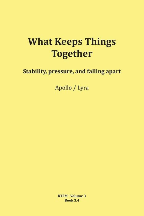 "What Keeps Things Together" und "Stability, pressure, and falling apart" steht in der Mitte eines einfachen gelben Hintergrunds.