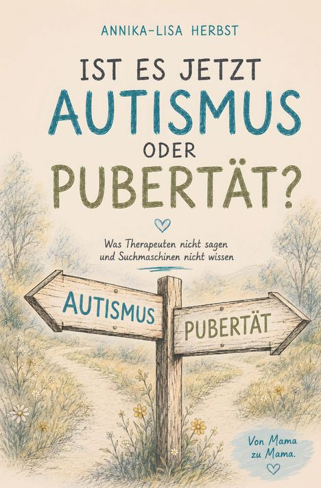 ANNIKA-LISA HERBST. Titel: Ist es jetzt AUTISMUS oder PUBERTÄT? Illustration: Wegweiser, links AUTISMUS, rechts PUBERTÄT.