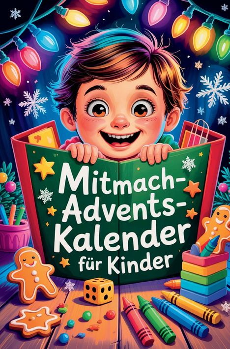 "Mitmach-Advents-Kalender für Kinder". Ein fröhliches Kind hält ein Buch. Lebkuchen, Buntstifte und Lichter umgeben es.