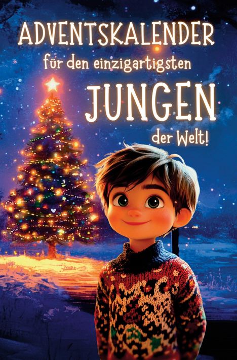 Adventskalender für den einzigartigsten Jungen der Welt. Ein lächelnder Junge vor einem beleuchteten Weihnachtsbaum.